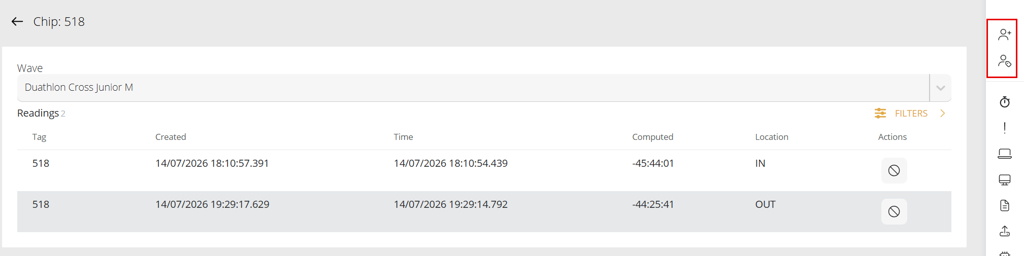Page of an unassigned tag with its readings and the New participant and Associate participant buttons in the right sidebar