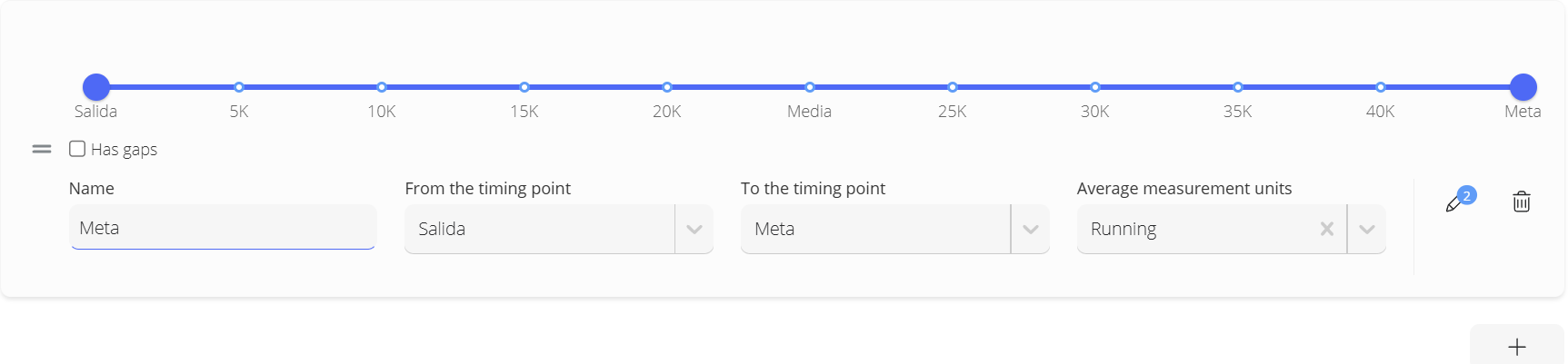 Split row with the timing point slider, the Has gaps checkbox, the Name, From the timing point, To the timing point and Average measurement units fields, and the pencil and trash can icons
