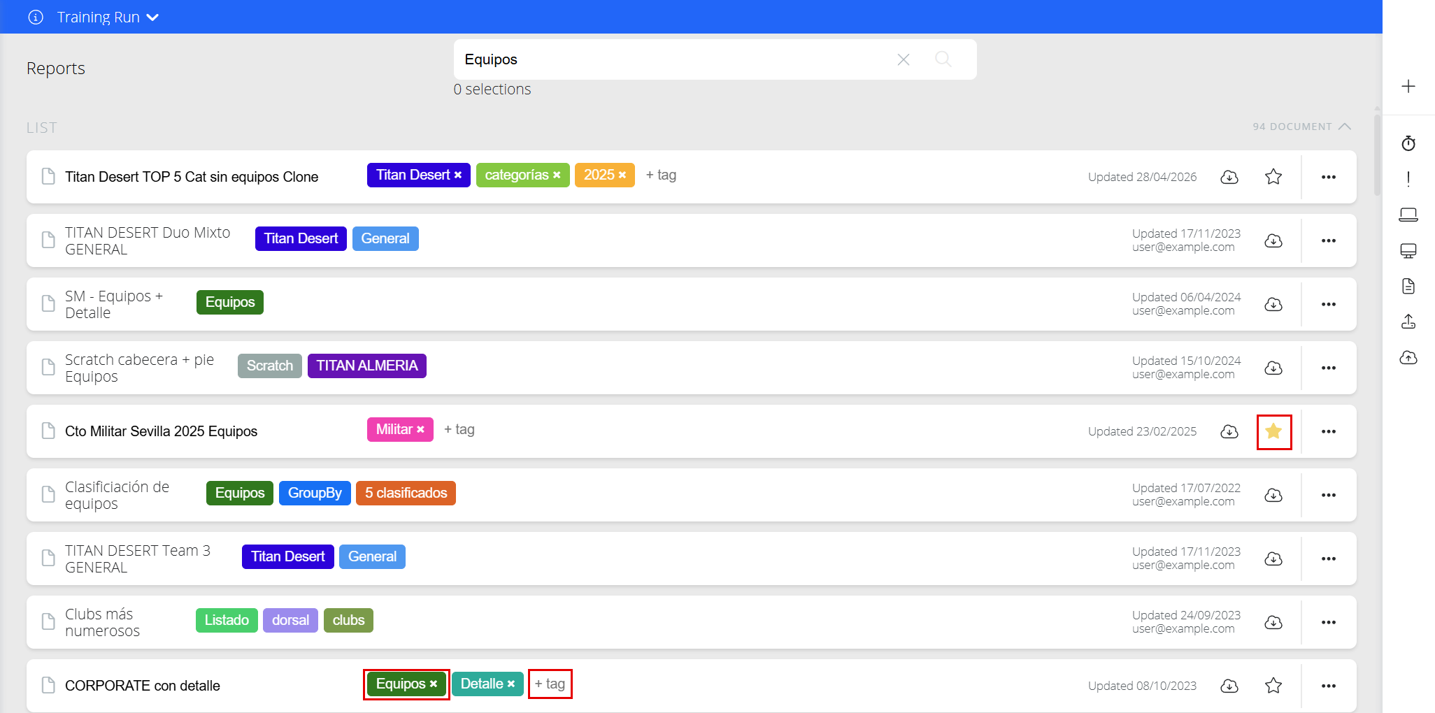 Lista de documentos de equipos con sus etiquetas y la estrella de favorito