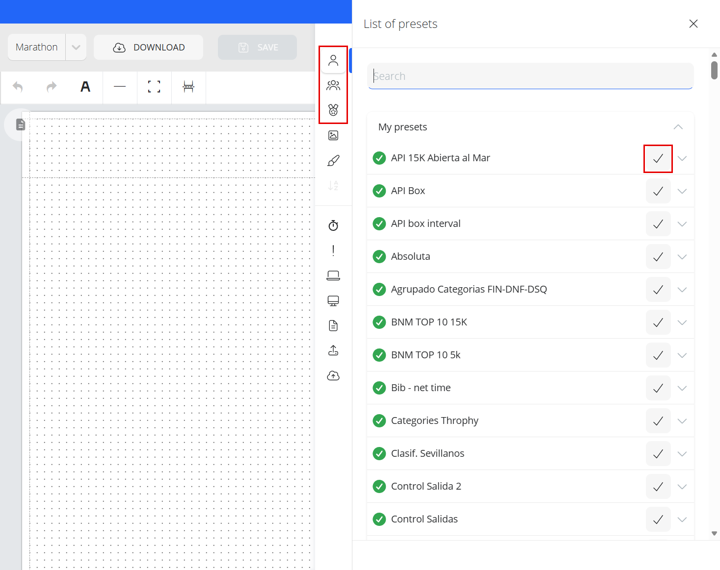 Panel Listado de presets del editor de documentos con el botón de marca de verificación de cada preset