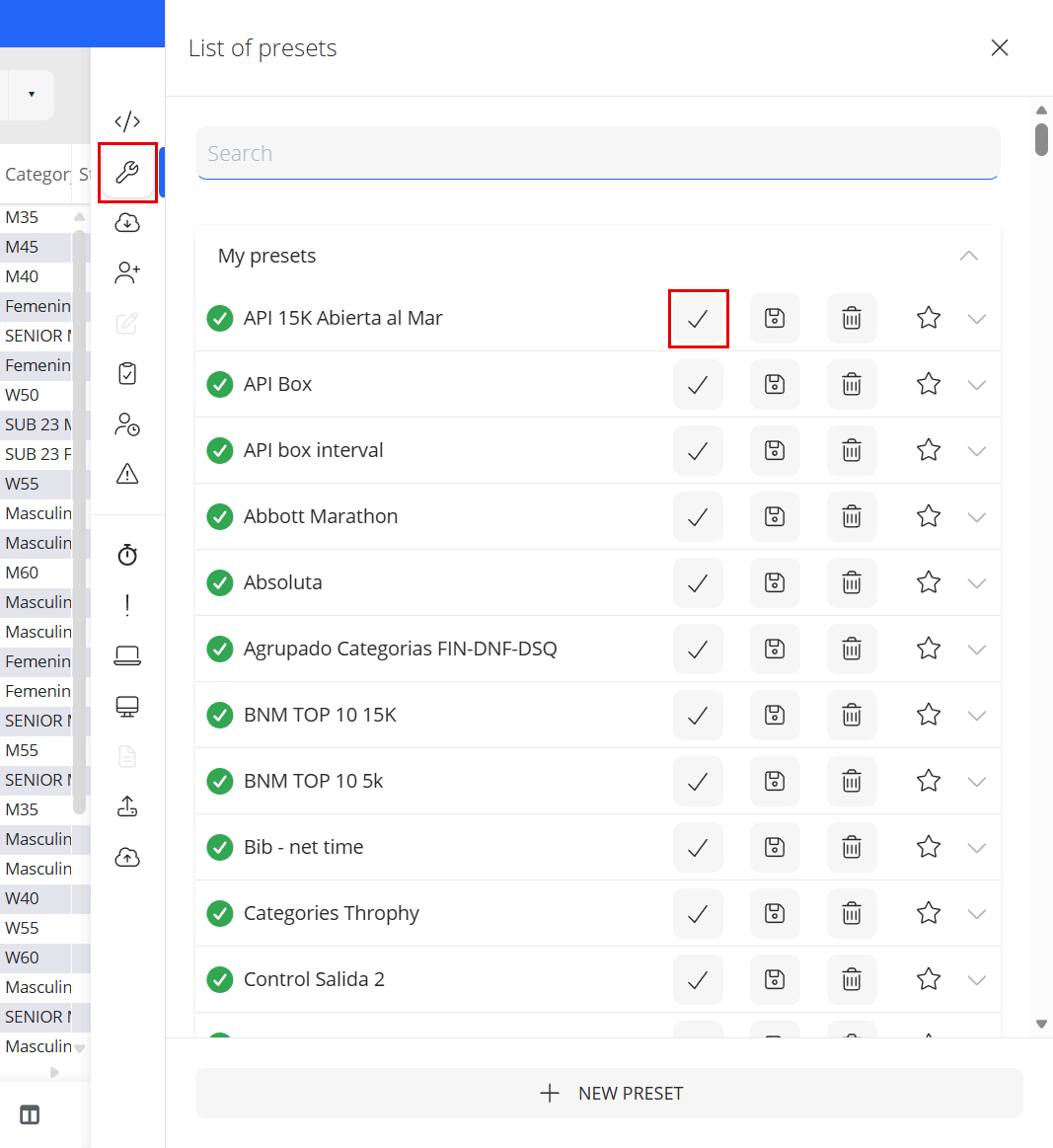 Panel Listado de presets de Participantes con el botón Apply de un preset
