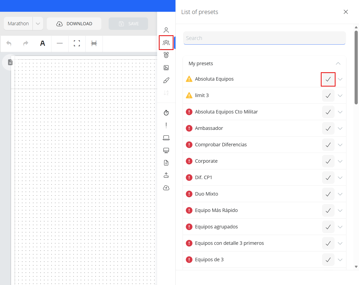 Diseñador de documentos con el panel de presets de equipos abierto